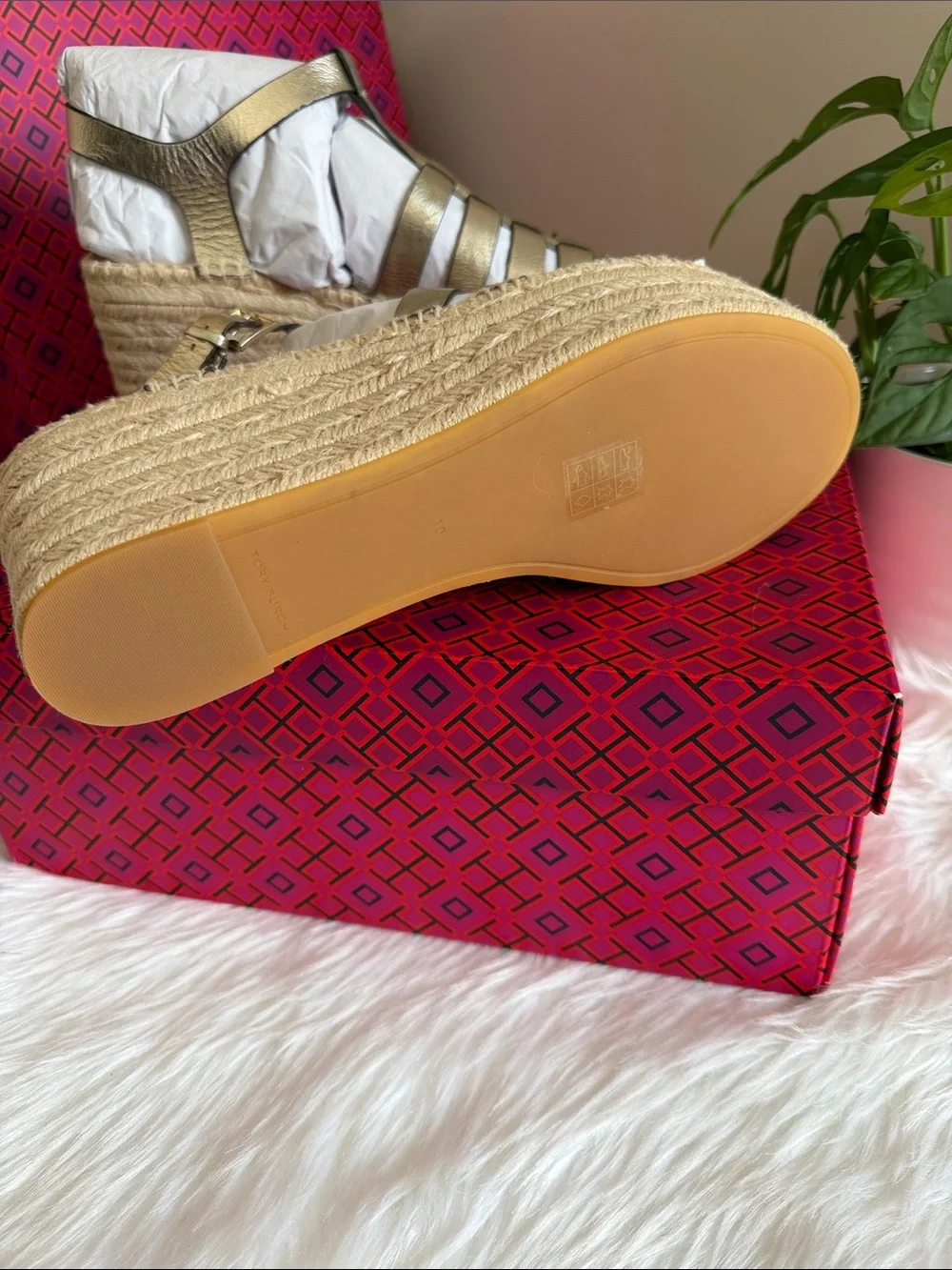 Tory Burch Metallic Gold Leather Espadrille Wedge Sandals